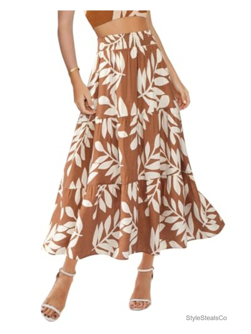 Womens Boho Floral High Waist Midi Skirt Flowy A-Line Long Pleated with Pockets